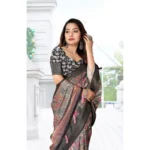 Women's Cotton Silk Floral Printed Saree With Unstitched Blouse 5.5Mtr (Grey-Black) - Image 5