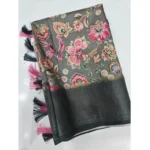 Women's Cotton Silk Floral Printed Saree With Unstitched Blouse 5.5Mtr (Grey-Black) - Image 4
