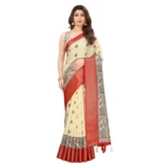 Women's Cotton Silk Printed Saree With Unstitched Blouse 5.5Mtr (Cream) - Image 4
