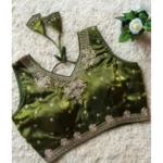 Women's Silk Embroidered V-Neck Sleeveless Readymade Padded Blouse (Mahendi, Size 38) - Image 2