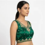 Women's Silk Embroidered V-Neck Sleeveless Readymade Padded Blouse (Green, Size 38) - Image 4