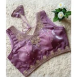 Women's Silk Embroidered V-Neck Sleeveless Readymade Padded Blouse (Purple, Size 38) - Image 2