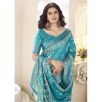 Women's Cotton Silk Printed Saree With Unstitched Blouse 5.5Mtr (Teal)