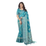 Women's Cotton Silk Printed Saree With Unstitched Blouse 5.5Mtr (Teal) - Image 7