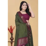 Women's Cotton Blend Checkered Saree With Unstitched Blouse 5.5Mtr (Green)
