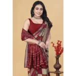 Women's Dupion Silk Block Printed Saree With Unstitched Blouse 5.5Mtr (Multicolor)