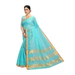 Women's Kota Doria Cotton Saree With Blouse (Sky Blue,6-3 Mtrs) - Image 4