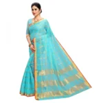 Women's Kota Doria Cotton Checked Saree With Blouse (Sky Blue, 5-6 Mtrs) - Image 3