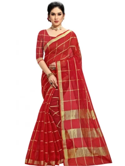 Women's Kota Doria Cotton Checked Saree With Blouse (Red, 5-6 Mtrs)