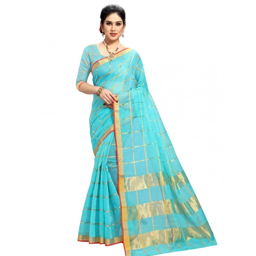 51369192581_d0ceacd3b8_o_d-1000x1000-1.webp Women's Kota Doria Cotton Checked Saree With Blouse (Sky Blue, 5-6 Mtrs) - Image 1