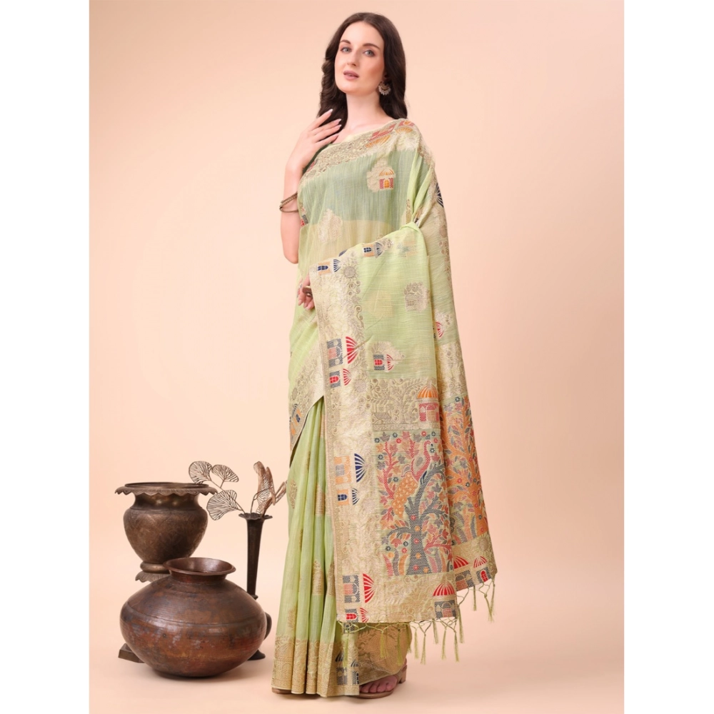 54441555842_4361b818d9_o_d-1000x1000-1.webp Women's Linen Cotton Printed Saree With Unstitched Blouse 5.5Mtr (Light Green) - Image 1