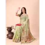 Women's Linen Cotton Printed Saree With Unstitched Blouse 5.5Mtr (Light Green) - Image 3