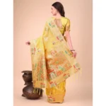 Women's Linen Cotton Printed Saree With Unstitched Blouse 5.5Mtr (Yellow) - Image 2