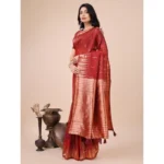 Women's Linen Cotton Printed Saree With Unstitched Blouse 5.5Mtr (Red) - Image 3