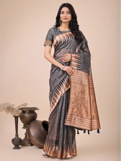 Women's Linen Cotton Printed Saree With Unstitched Blouse 5.5Mtr (Grey)