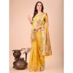 Women's Linen Cotton Printed Saree With Unstitched Blouse 5.5Mtr (Yellow) - Image 3