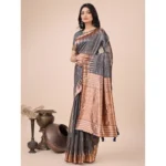 Women's Linen Cotton Printed Saree With Unstitched Blouse 5.5Mtr (Grey) - Image 3