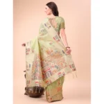 Women's Linen Cotton Printed Saree With Unstitched Blouse 5.5Mtr (Light Green) - Image 2