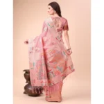 Women's Linen Cotton Printed Saree With Unstitched Blouse 5.5Mtr (Pink) - Image 2