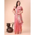 Women's Linen Cotton Printed Saree With Unstitched Blouse 5.5Mtr (Pink) - Image 3