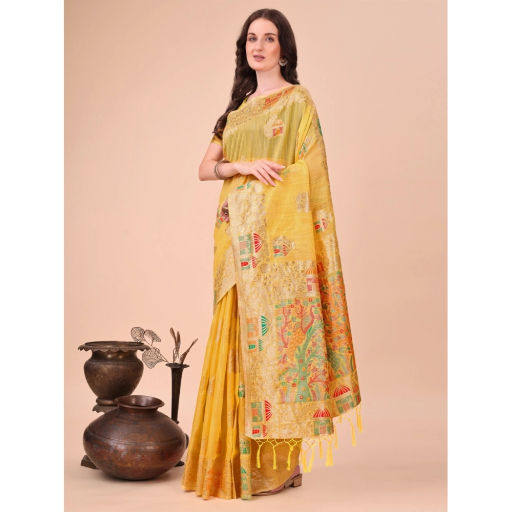 54442660128_8dd5fdc75e_o_d-1000x1000-1.webp Women's Linen Cotton Printed Saree With Unstitched Blouse 5.5Mtr (Yellow) - Image 1