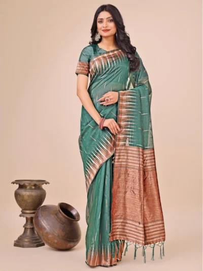 Women's Linen Cotton Printed Saree With Unstitched Blouse 5.5Mtr (Green)