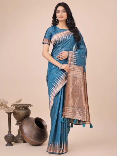 Women's Linen Cotton Printed Saree With Unstitched Blouse 5.5Mtr (Blue)