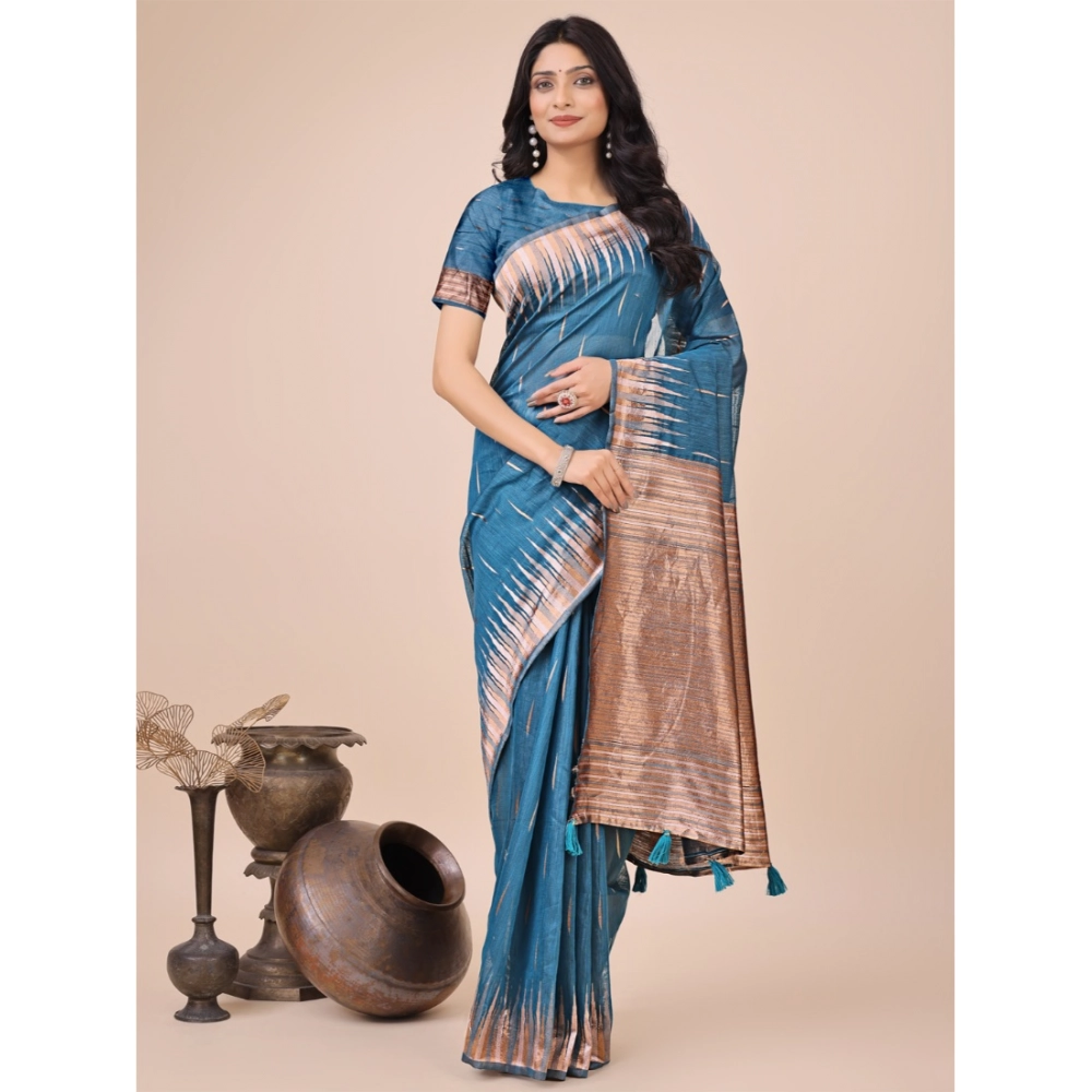 54442783875_e22e14a71a_o_d-1000x1000-1.webp Women's Linen Cotton Printed Saree With Unstitched Blouse 5.5Mtr (Blue) - Image 1