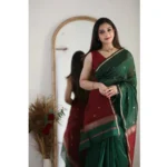 Women's Cotton  Printed Saree With Unstitched Blouse 5.5Mtr (Dark Green) - Image 2