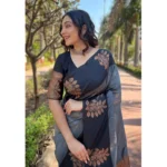 Women's Silk Printed Saree With Unstitched Blouse 5.5Mtr (Grey) - Image 2