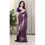 Women's Silk Printed Saree With Unstitched Blouse 5.5Mtr (Purple) - Image 3