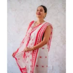 Women's Cotton  Printed Saree With Unstitched Blouse 5.5Mtr (White-Pink) - Image 3