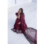 Women's Cotton  Printed Saree With Unstitched Blouse 5.5Mtr (Maroon) - Image 3