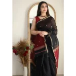 Women's Cotton  Printed Saree With Unstitched Blouse 5.5Mtr (Black) - Image 3