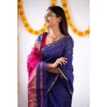 Women's Cotton  Printed Saree With Unstitched Blouse 5.5Mtr (Blue) - Image 2