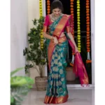 Women's Silk Printed Saree With Unstitched Blouse 5.5Mtr (Teal Blue) - Image 2