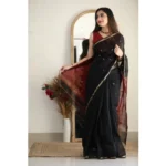 Women's Cotton  Printed Saree With Unstitched Blouse 5.5Mtr (Black) - Image 2