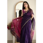 Women's Cotton  Printed Saree With Unstitched Blouse 5.5Mtr (Navy Blue) - Image 2