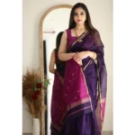 Women's Cotton  Printed Saree With Unstitched Blouse 5.5Mtr (Navy Blue) - Image 3