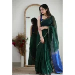 Women's Cotton  Printed Saree With Unstitched Blouse 5.5Mtr (Green) - Image 2