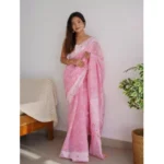 Women's Cotton  Printed Saree With Unstitched Blouse 5.5Mtr (Pink) - Image 2