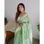 Women's Cotton  Printed Saree With Unstitched Blouse 5.5Mtr (Pista) - Image 2