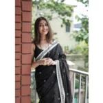 Women's Cotton  Printed Saree With Unstitched Blouse 5.5Mtr (Black) - Image 3