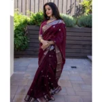 Women's Cotton  Printed Saree With Unstitched Blouse 5.5Mtr (Maroon) - Image 3