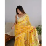 Women's Cotton  Printed Saree With Unstitched Blouse 5.5Mtr (Yellow) - Image 2