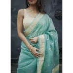 Women's Cotton  Printed Saree With Unstitched Blouse 5.5Mtr (Sky) - Image 3
