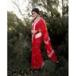 Women's Cotton  Printed Saree With Unstitched Blouse 5.5Mtr (Red) - Image 3