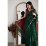 Women's Cotton  Printed Saree With Unstitched Blouse 5.5Mtr (Dark Green) - Image 3