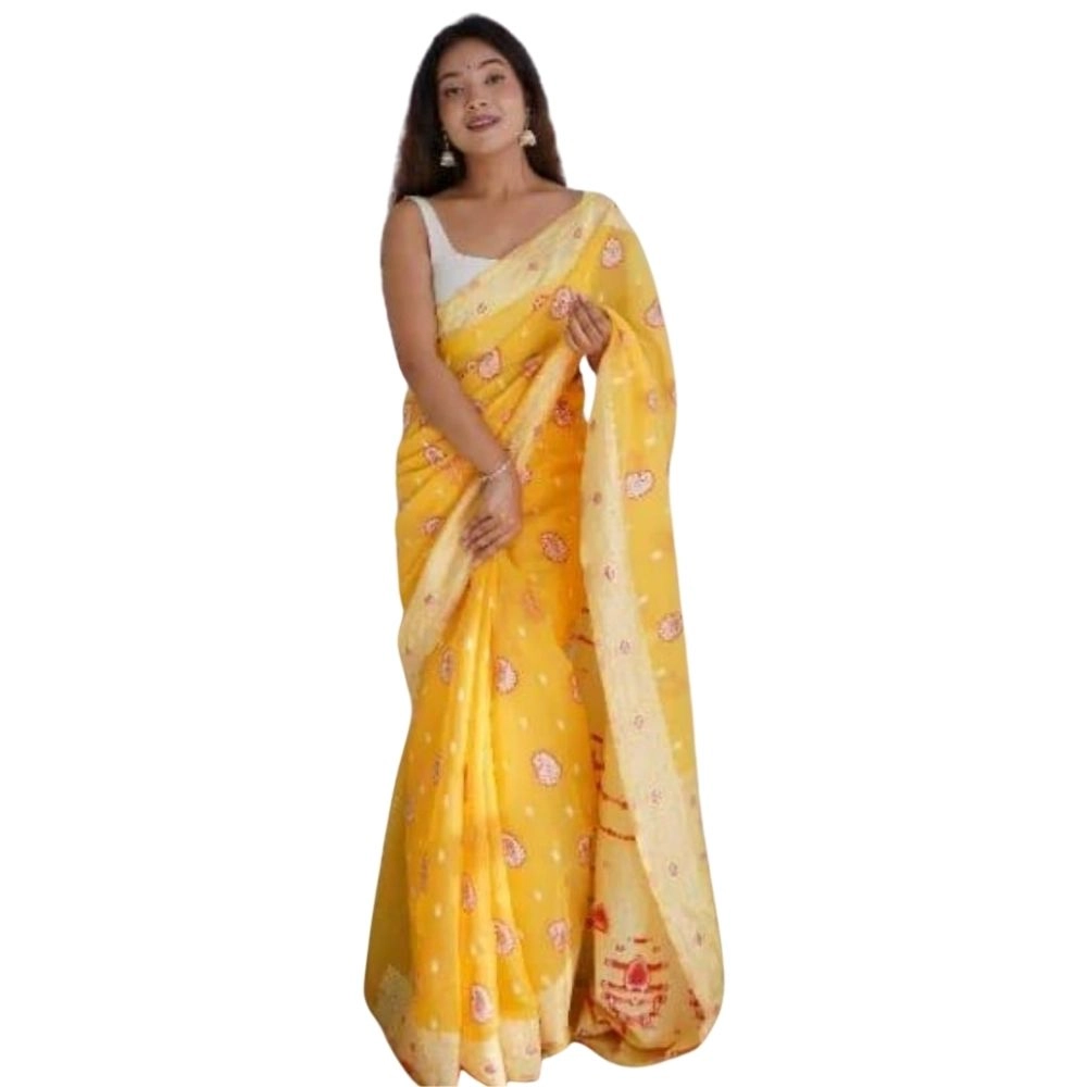 54464938937_9f78499b6e_o_d-1000x1000-1.webp Women's Cotton Printed Saree With Unstitched Blouse 5.5Mtr (Yellow) - Image 1