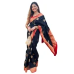 Women's Silk Printed Saree With Unstitched Blouse 5.5Mtr (Black-Red)